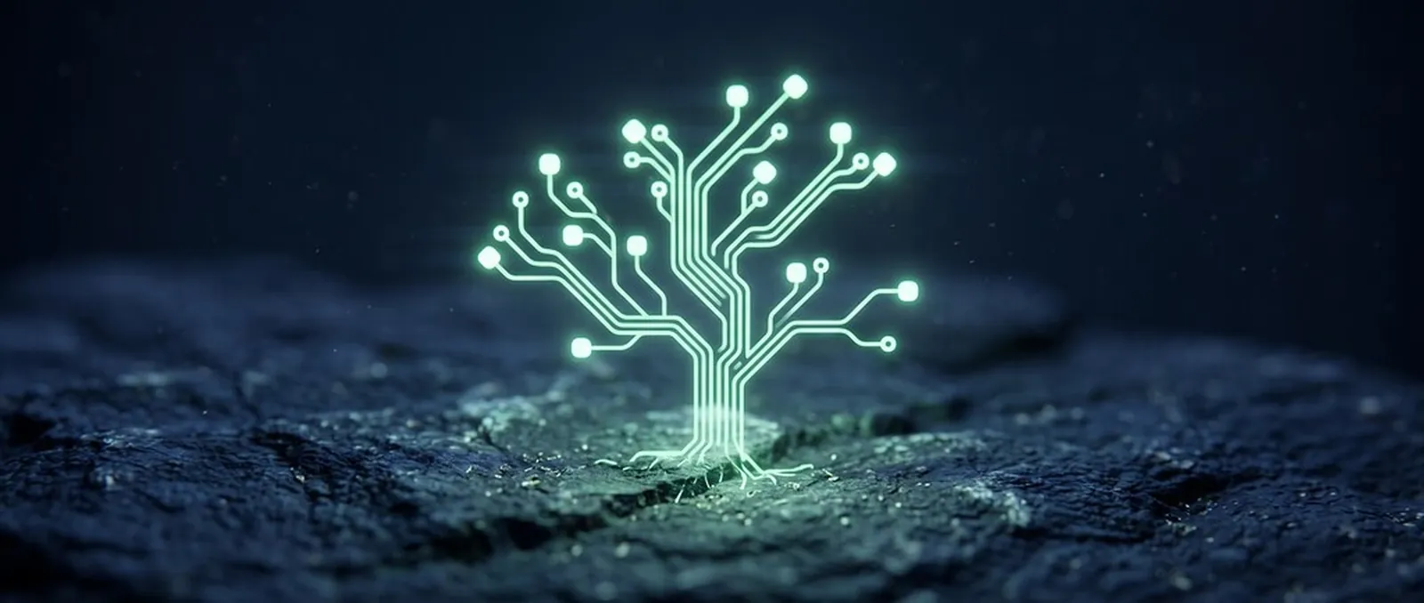 A glowing circuit-board tree growing out of rock
