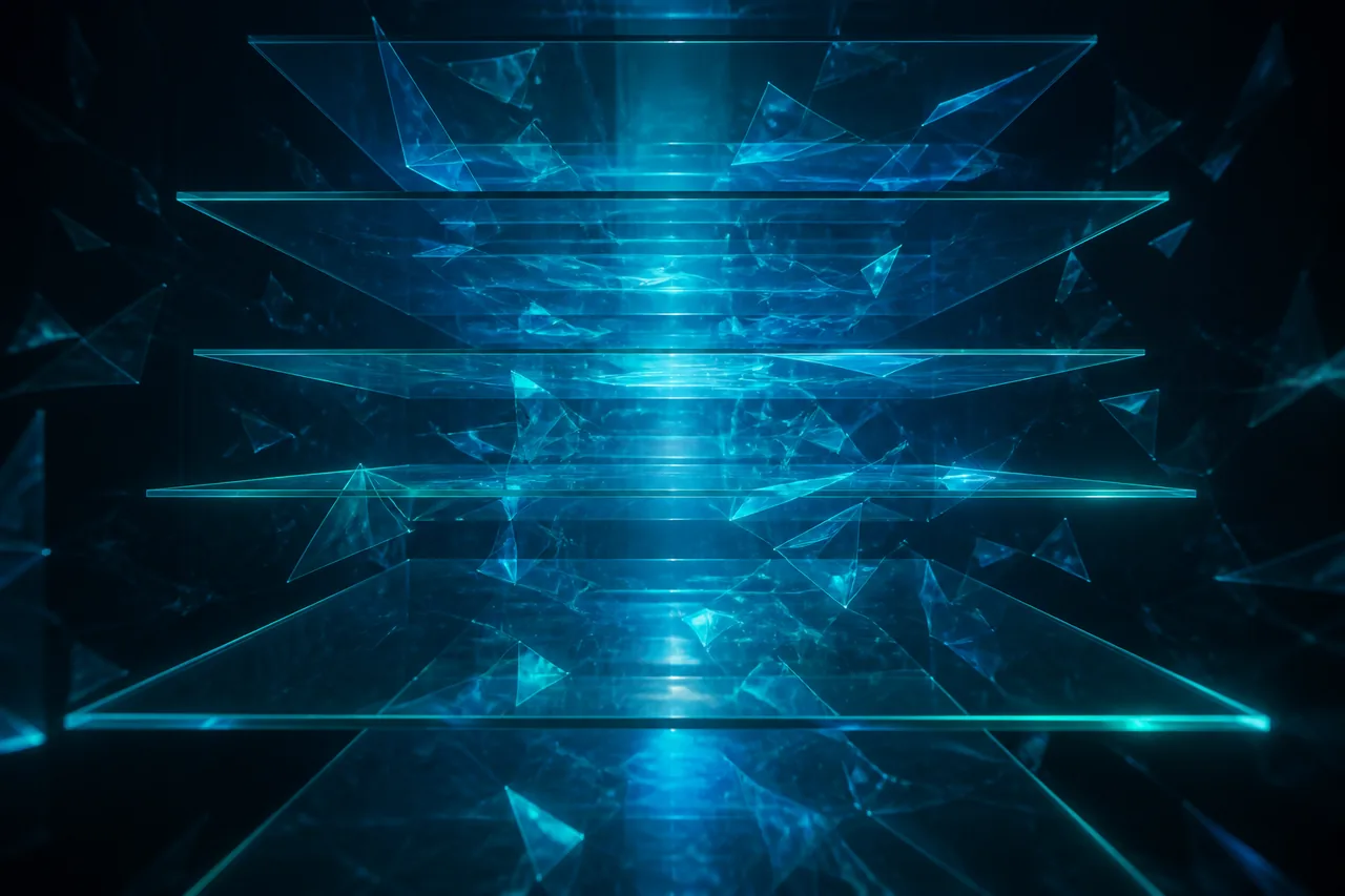 Stacked translucent glass planes receding into depth