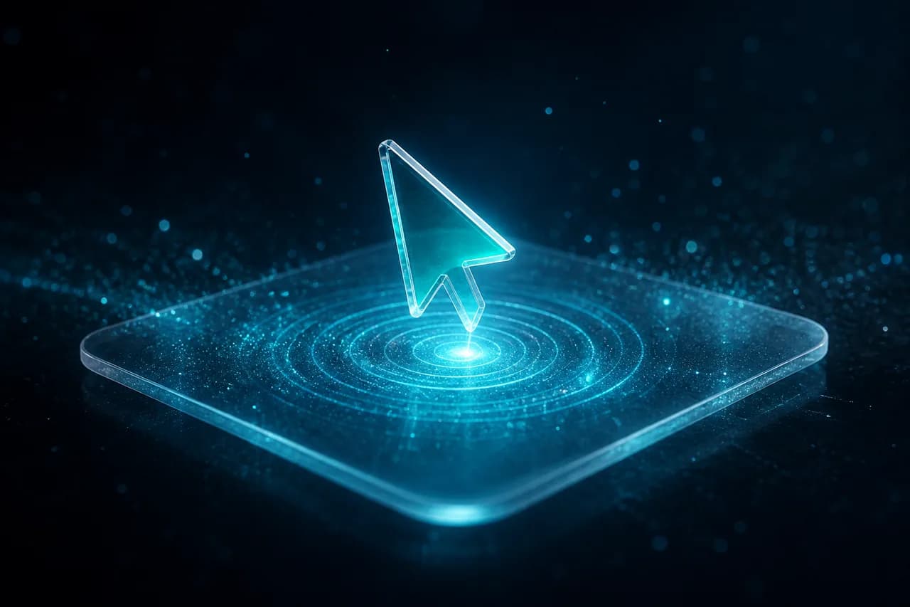 Glass cursor touching a luminous interface plane