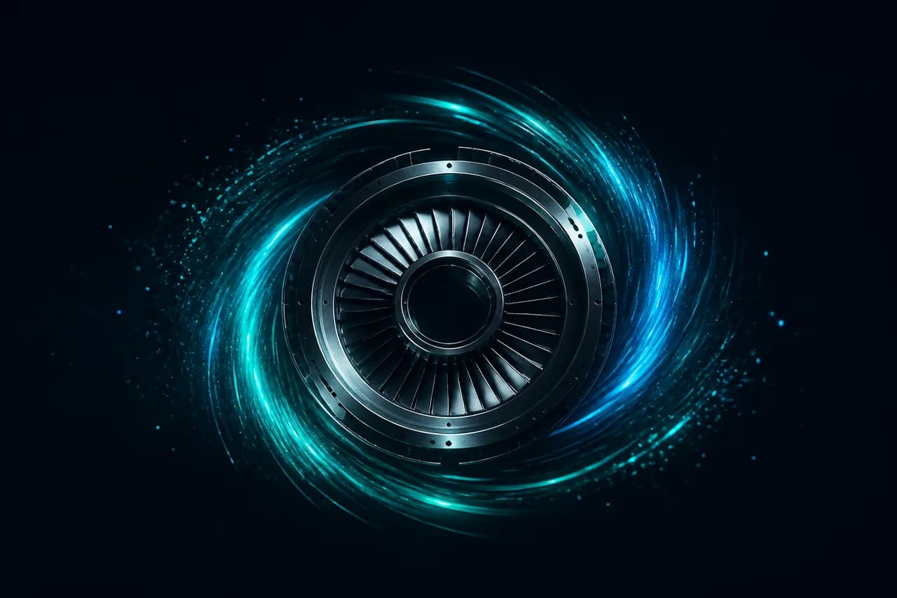 Metallic turbine core ringed by teal energy trails